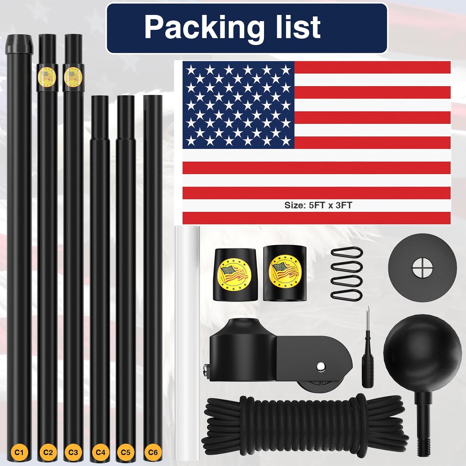 Flag Poles for Outside House in Ground - 20FT Sectional Aluminum Extra Thick Flagpole with Reinforcing Ring, 5x3 US Flag and White Gloves, Heavy Duty Black Flag Poles Kit for Yard or Residential