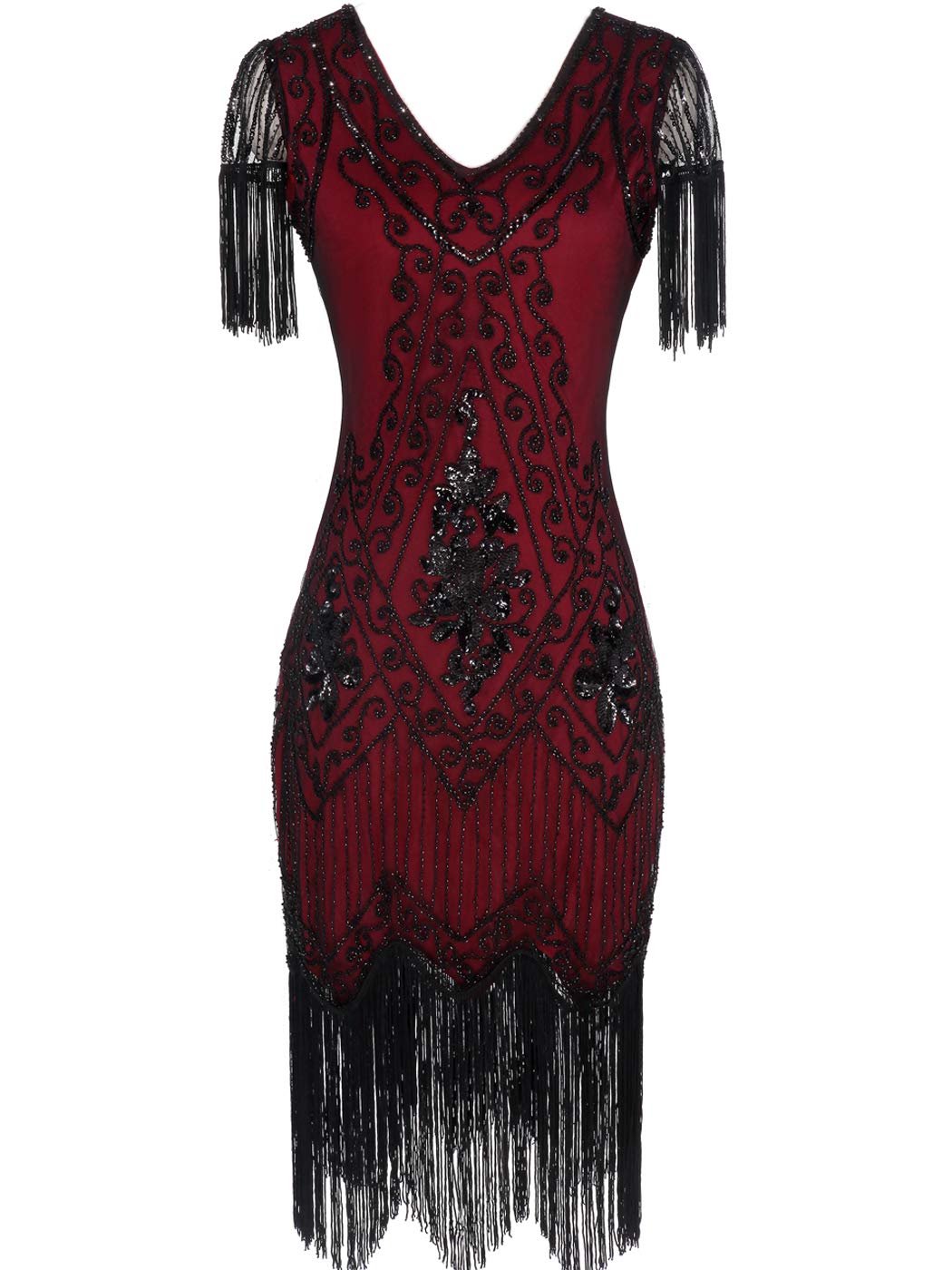 Misschen Women's Wine Black 1920 Dresses Great Gatsby Dress Themed Roaring 20S Dresses Flapper Dress With Sleeve Yls018 Xl