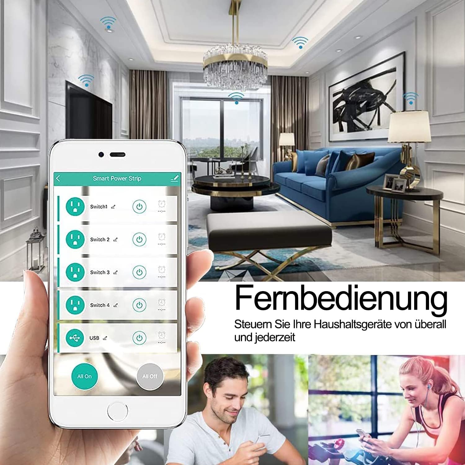UseeLink Smart - Regleta con 4 enchufes de 16 A, 3 puertos USB y 1 conector tipo C, enchufe múltiple conmutable individualmente, compatible con Alexa, Google Assistant, Smart Life, Tuya acceso remoto