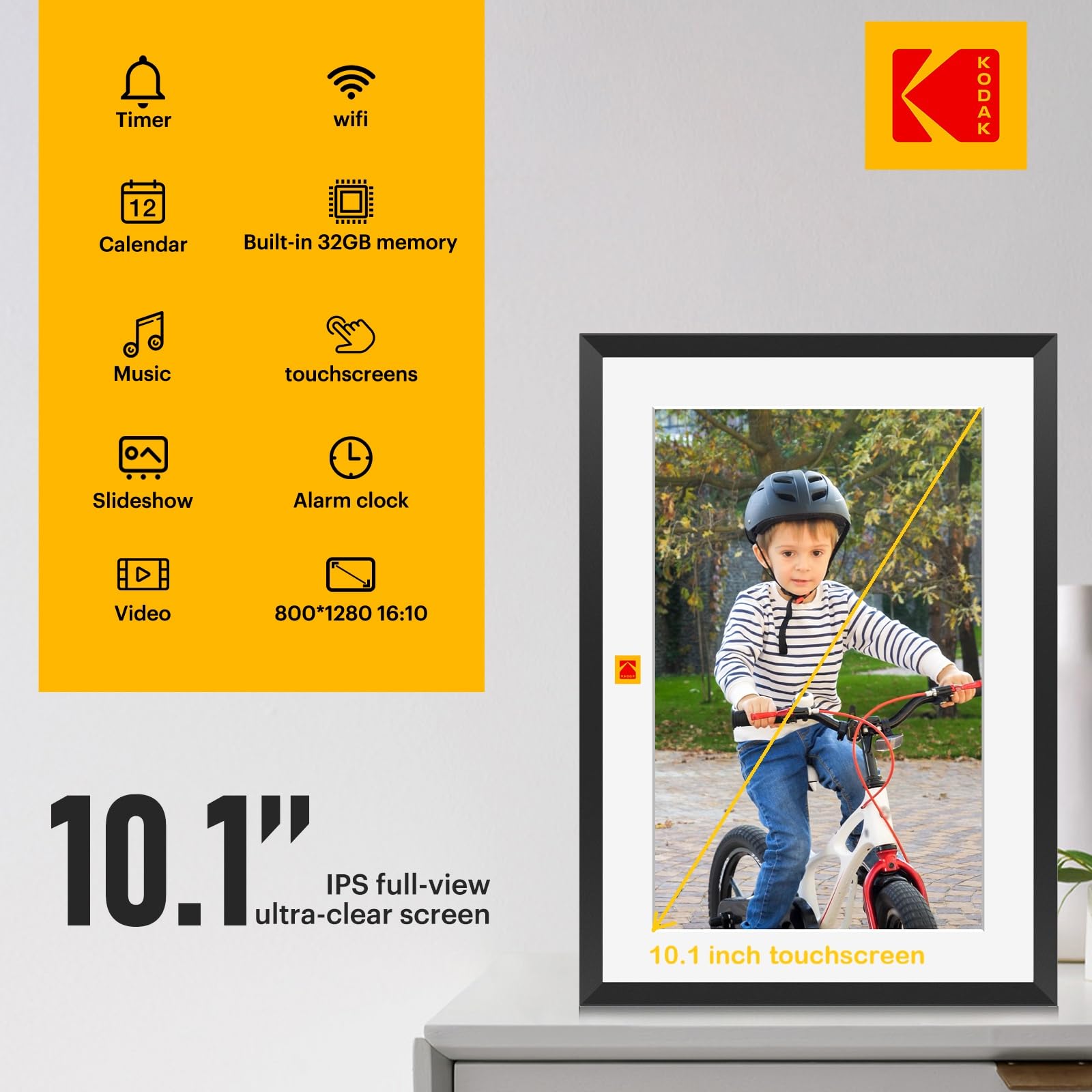 KODAK WiFi Cornice Digitale 10 Pollici, Cornice Foto Digitale con HD IPS Touch Screen, 32 GB di Memoria, Auto-Rotazione, Smart Elettronica Portafoto Digitale Condivisione di Foto/Video/Musica via APP