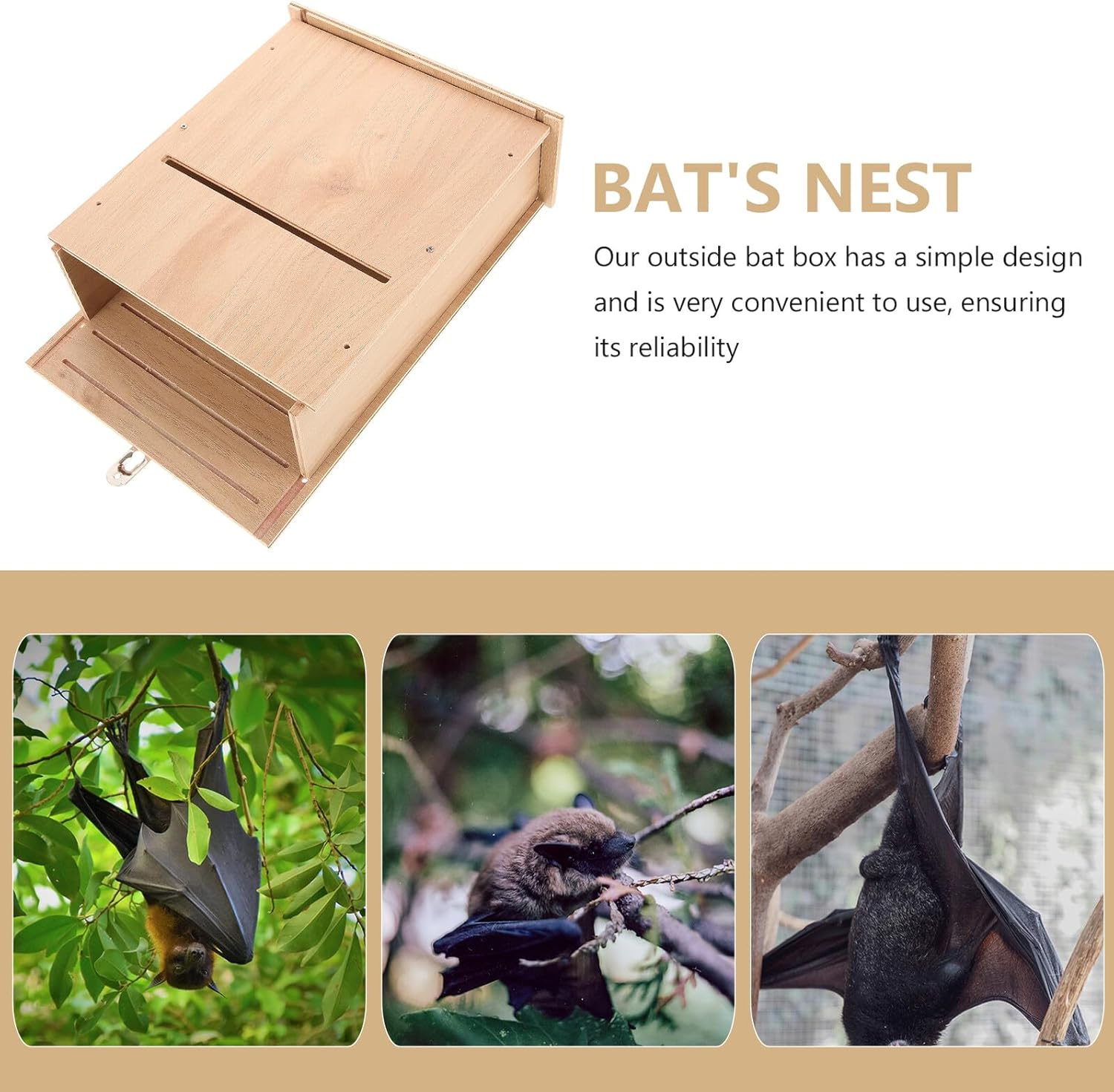 Ciieeo Wooden Bat House Handmade 3-Tier Outdoor Bat Shelter for Backyard Garden Hanging Roost Habitat Weather-Resistant Wildlife Nest
