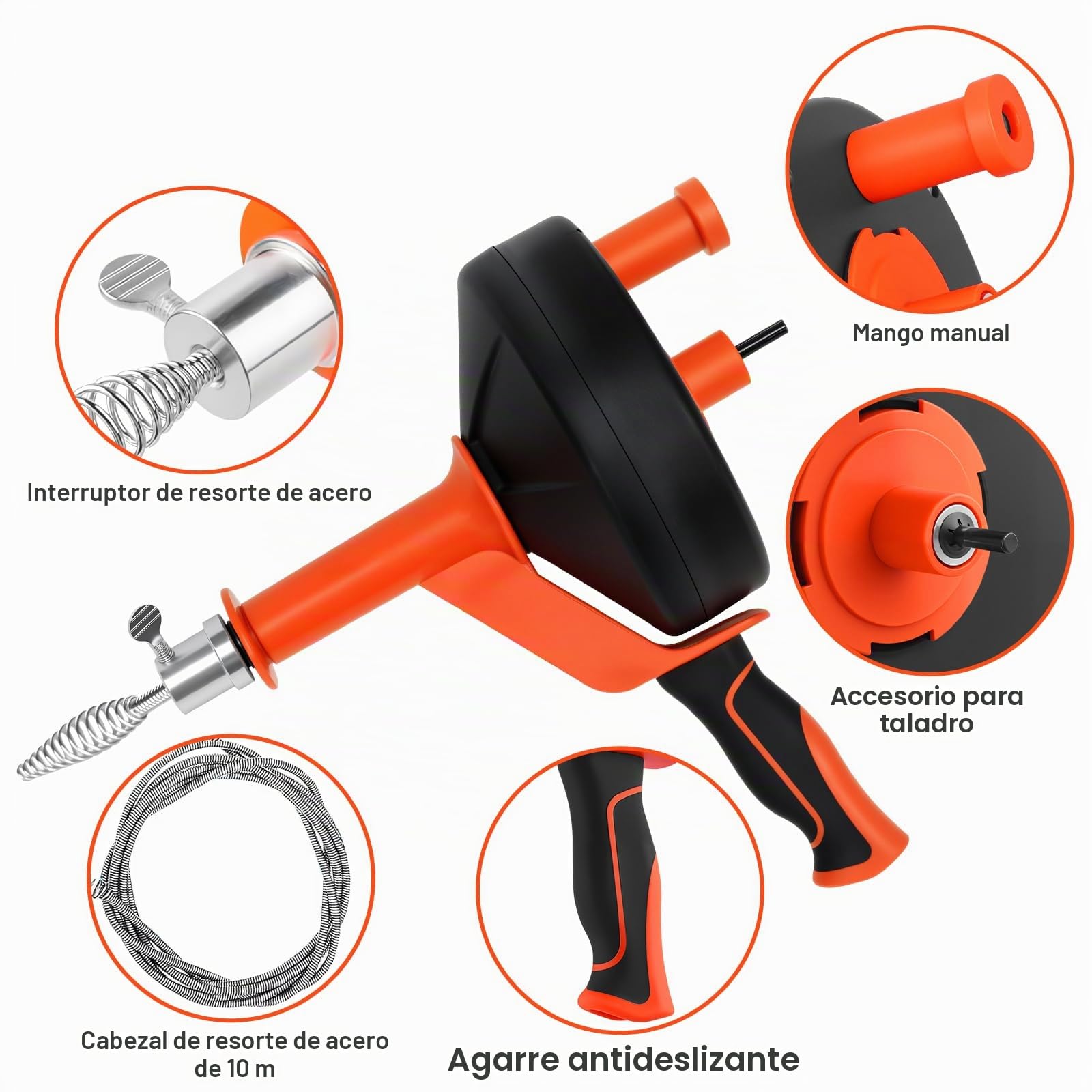 SOARFLY Desatascador Tuberías Profesional 10 m, Espiral Desatascador con Accesorio para Taladro, Manual & Eléctrico, para Fregadero, Baño y Cocina