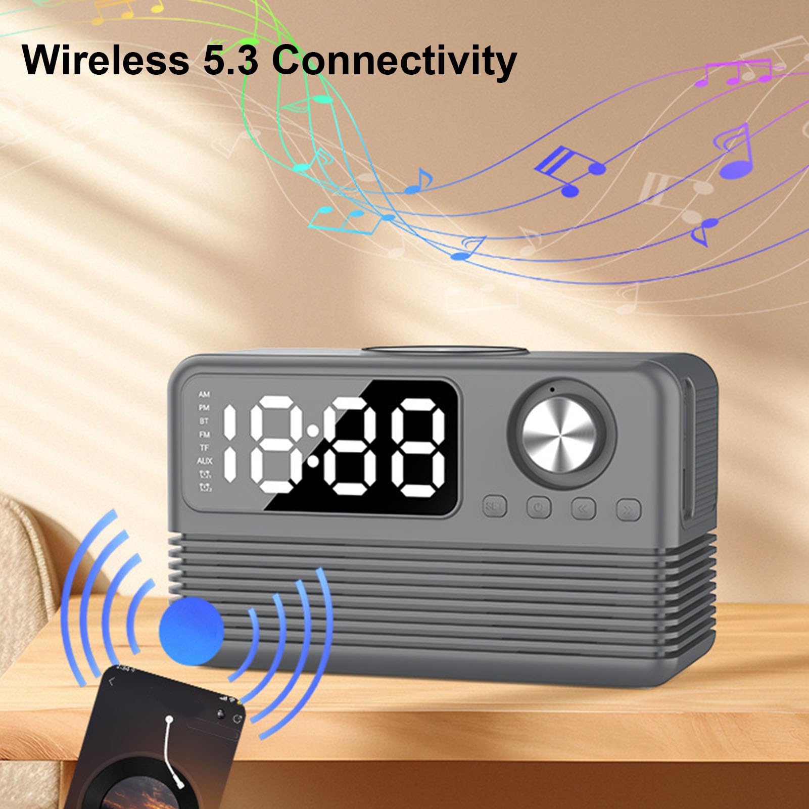 VBESTLIFE Cargador Inalámbrico Rápido de 15W con Altavoz Bluetooth y Radio de Reloj de Alarma, 4 en 1 Estación de Carga Inalámbrica para Teléfonos con Radio FM para Dormitorio (Grey)