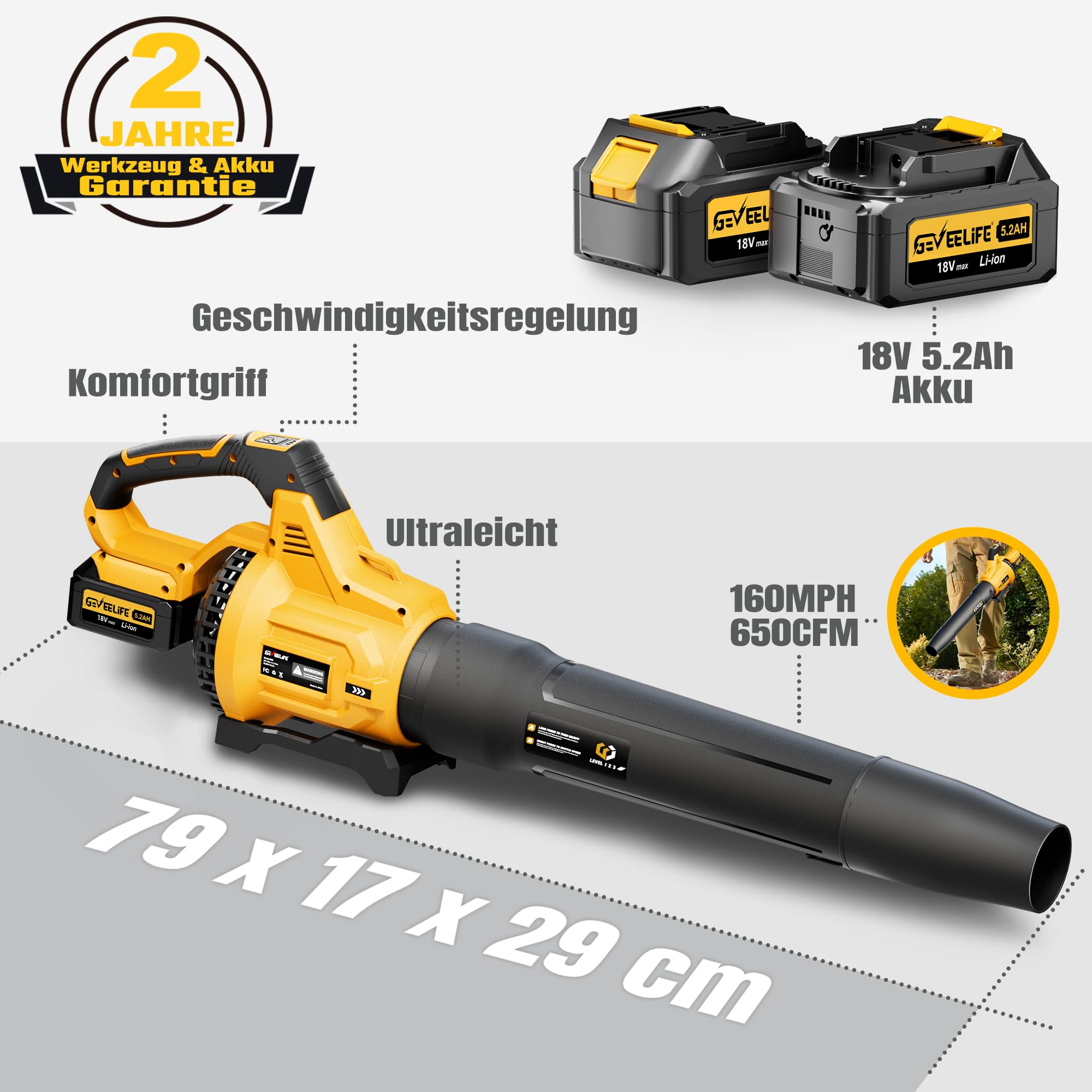 GEVEELIFE Soplador de Hojas eléctrico, 20 V, 257 km/h, con 3 velocidades y 2 baterías de 5,0 Ah, para jardín, Hojas, Polvo y Nieve (Incluye batería), Color Amarillo