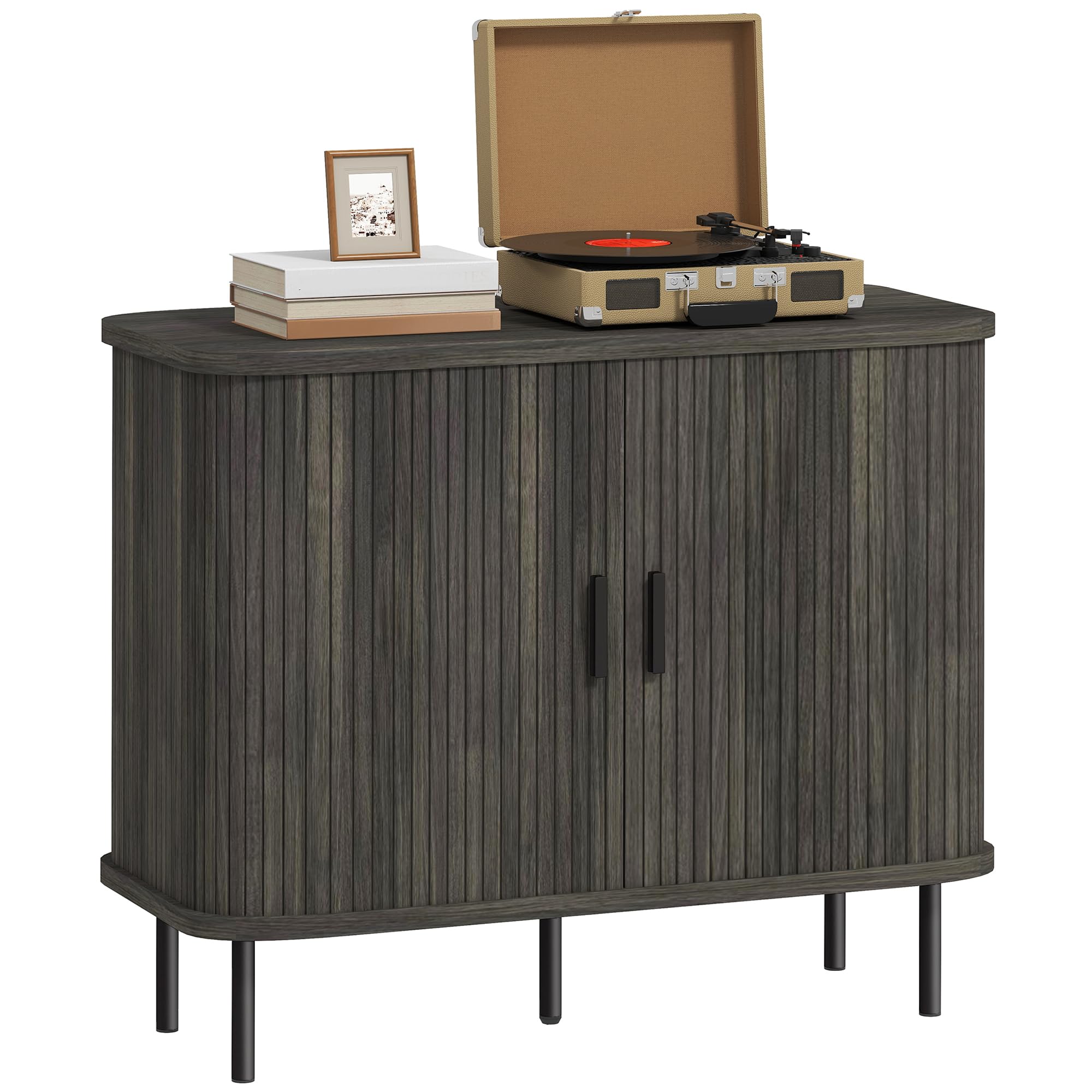 HOMCOM Mid-Century Modern Sideboard Storage Cabinet with Slatted Tambour Sliding Doors, Kitchen Cabinet with Steel Legs, Grey