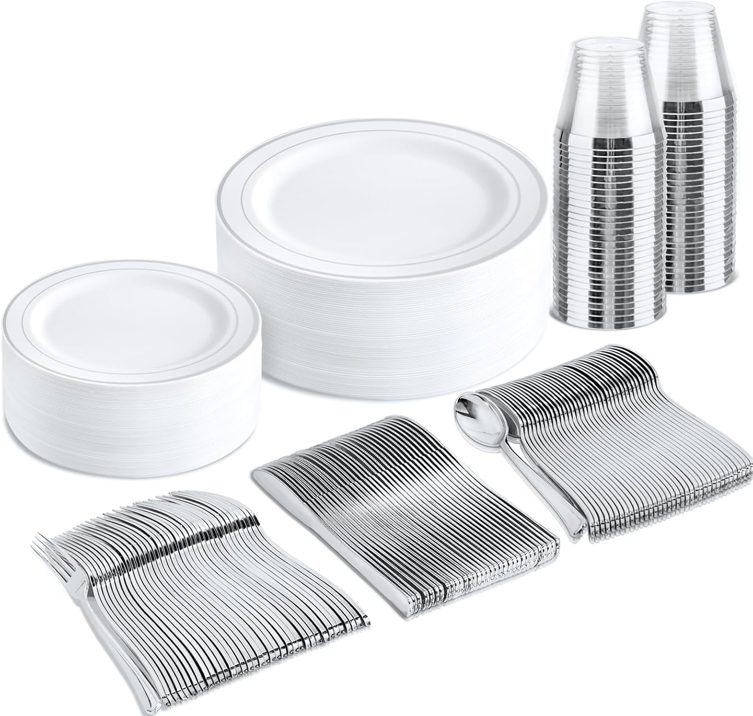 bUCLA 150 Piece Silver Disposable Dinnerware Set -1