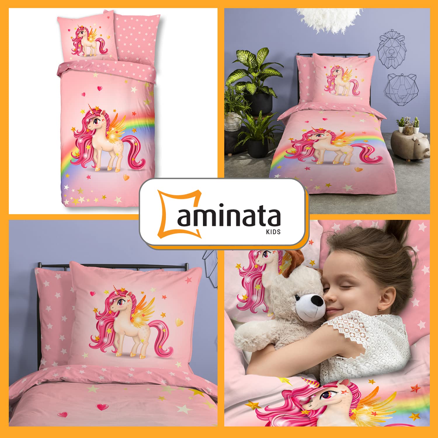 Aminata kids Beddengoed 135 x 200 Eenhoorn-motief Meisje Katoen, Ritssluiting, Kinderomkeerbare beddengoedset Eenhoorn Regenboog Roze