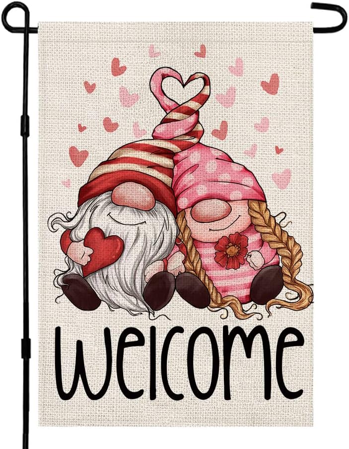CROWNED BEAUTY Valentines Day Garden Flag 12×18 Inch Double Sided for Outside Love Gnomes Vertical Farmhouse Rustic Seasonal Holiday Yard Decoration CF340-12