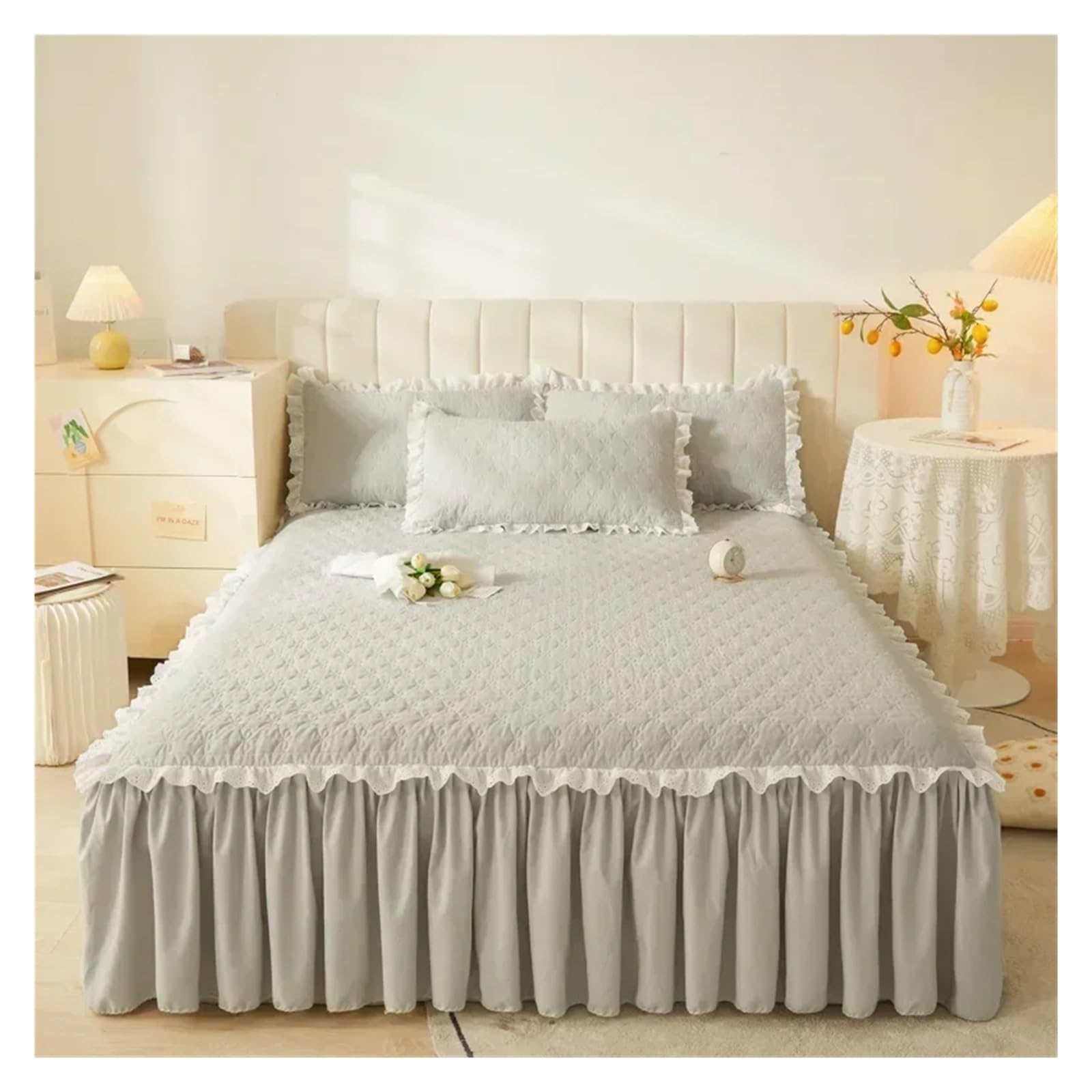 Queen Size Bed Skirt Purple Mattress Protector Thicken Bedspread 180x200 Home Quilted Bed Cover(Gray,180x220cm 1pc)