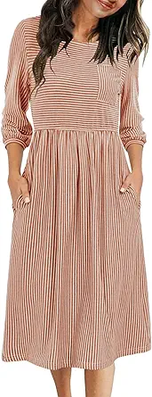 MEROKEETY Women's 3/4 Balloon Sleeve Striped High Waist T Shirt Midi Dress with Pockets