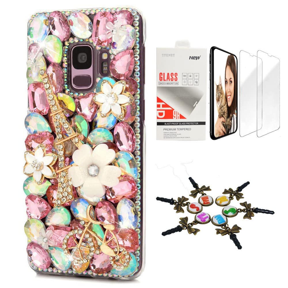 STENES Sparkle Case Compatible with Samsung Galaxy A42 5G Case - Stylish - 3D Handmade Bling Bike Eiffel Tower Flowers Design Cover Case with Screen Protector [2 Pack] - Pink
