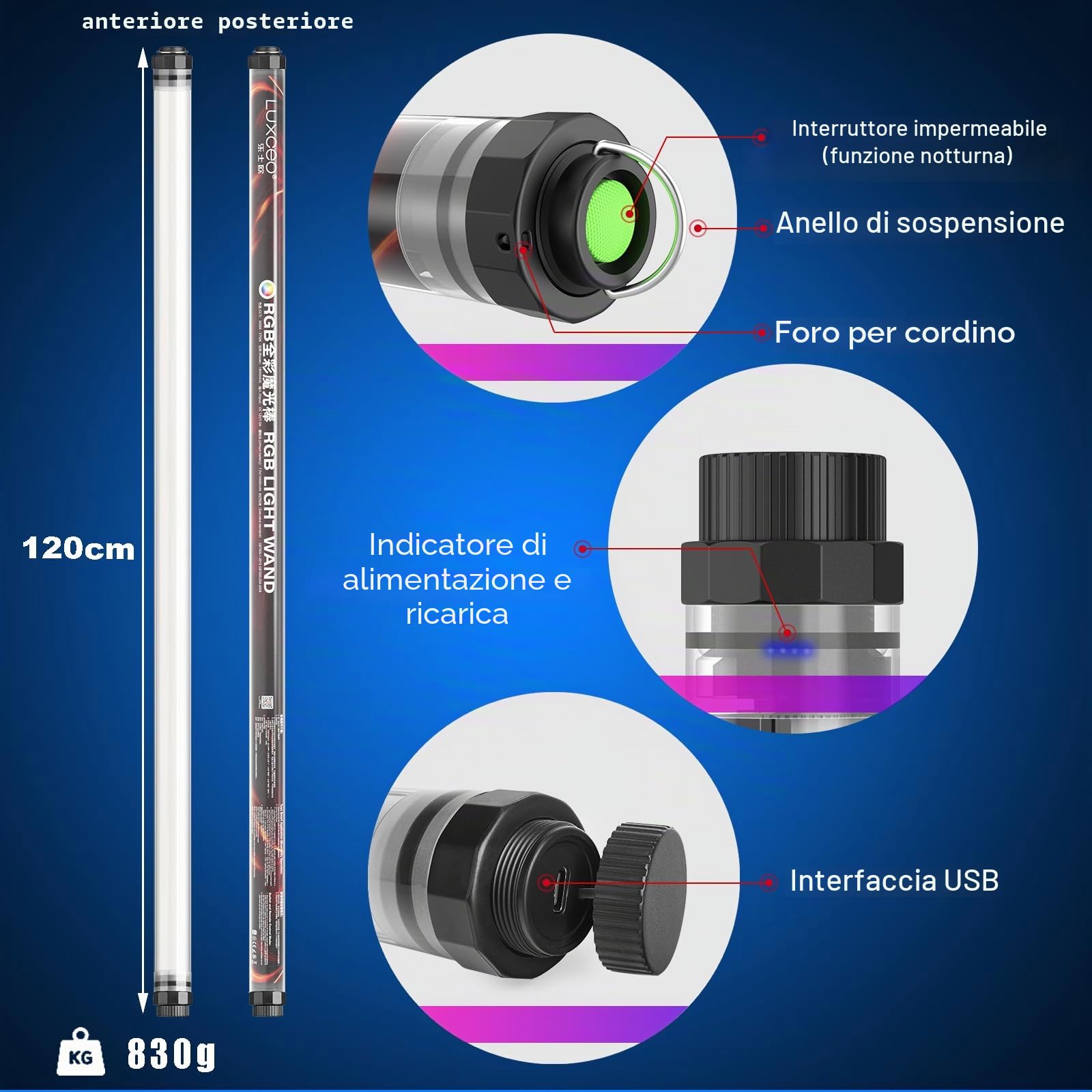 LUXCEO P120 RGBW Luce per fotografia portatile,controllo APP 1350LM 3000k-5750k Luce video a LED,12 Modalità di illuminazione,IP68 Impermeabile,Batteria Integrata 10400mAh Fotografia film video Studio