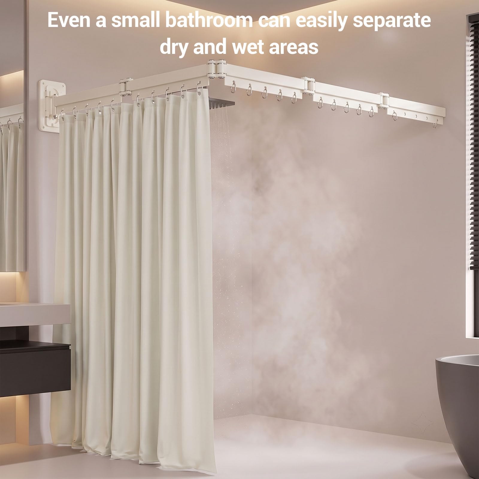 Barra de cortina de ducha sin taladrar, 1,8 m x 194 cm, barra de cortina de esquina plegable con ventosa, forma L/U, estable y ajustable para cortina de ducha de esquina, accesorios de baño (blanco)