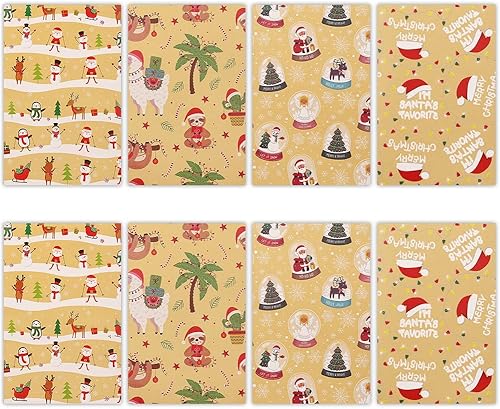 Miniatura 3 de Unigift Papel de regalo de estraza marrón de Navidad, 8 hojas de papel de regalo plano plegado de Navidad, papel reciclable para niños, niñas,