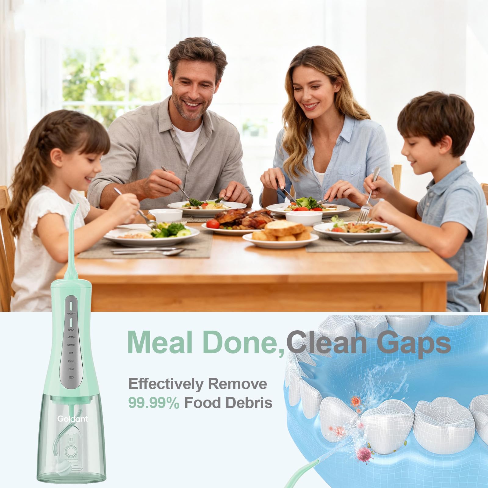 Irrigador dental de agua de 350 ml para dientes con bolsa de viaje, 5 modos, irrigador oral portátil, inalámbrico, limpiador de dientes, recargable, IPX7, impermeable, para viajes en casa