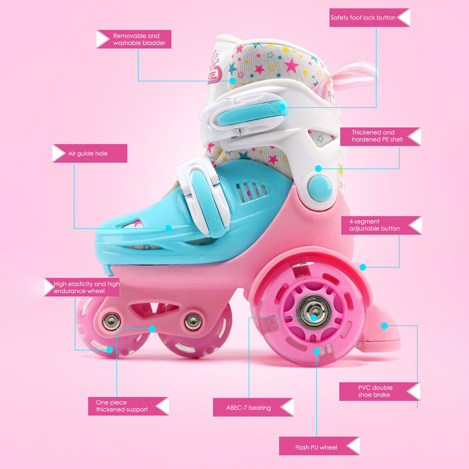 Pattini a rotelle – Scarpe da pattinaggio per bambini 2 – 8 anni | Scarpe da pattinaggio | Pattini Inlińe regolabili con guscio in PP ad alta resistenza, tomaia in rete PU, cuscinetti ABEC-7, ruote in