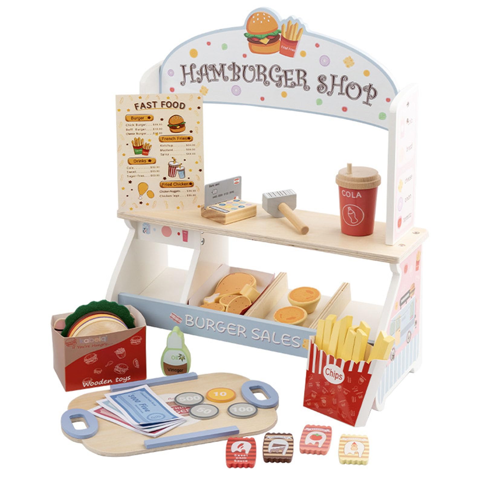 Set di Gioco con Negozio di Hamburger in Legno, Stand di Fast Food per Bambini con Accessori, Giocattolo da Ristorante per Gioco di Finzione