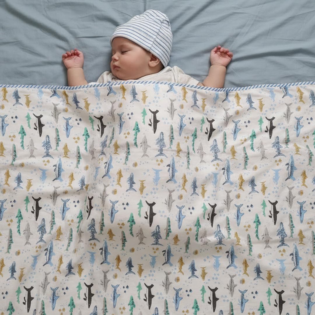 HOMEMONDE 100% Cotton Reversible Dohar for Newborn Baby Boy and Girl, 3 Layer Baby Dohar, Soft & Breathable, Ideal for All Seasons, 0-4 Years, Size- 55" x 39" (140 cm x 100 cm) - Baby Blue Hunter-image-49