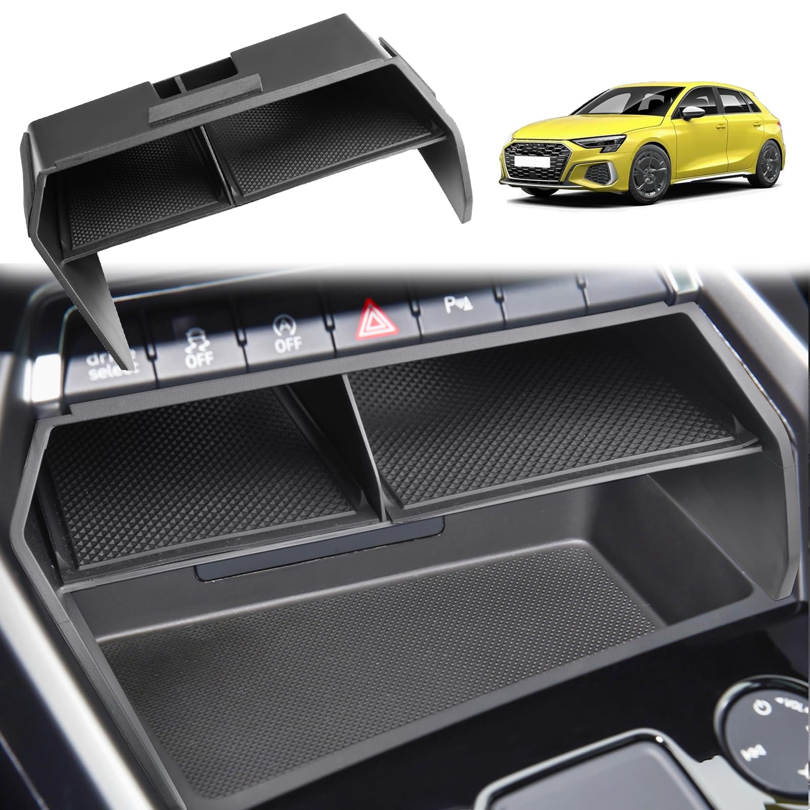 GAFAT Kompatibel mit Audi A3 8Y Sportback 2020-2023 2024 Mittelkonsole Aufbewahrungsbox, A3 Sportback Ablagen Organizer Tray Handschuhfach Unten die Mittelkonsole, A3 8Y Zubehör