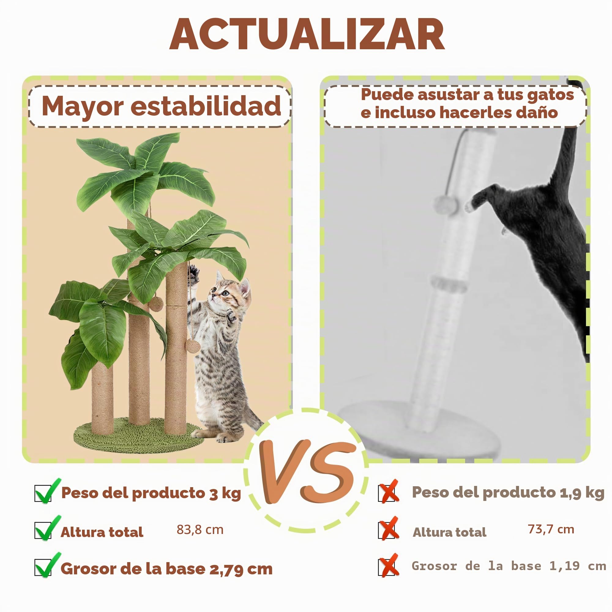 Poste rascador para gatos de 80 cm, árbol rascador mediano con 3 postes rascadores para gatos grandes con 2 bolas colgantes para burlas, cuerda de sisal natural (80 cm)