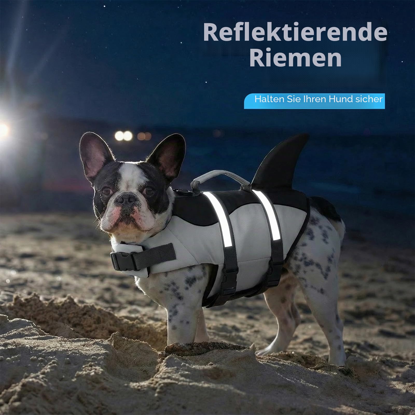 AOFITEE Schwimmweste Hund XS, Verstellbar Hundeschwimmweste Hai, Hoher Auftrieb Klein Hunde Schwimmweste mit Rettungsgriff und Reflektierend, Dackel Rettungsweste Hund für Wassersport, Grau, XS