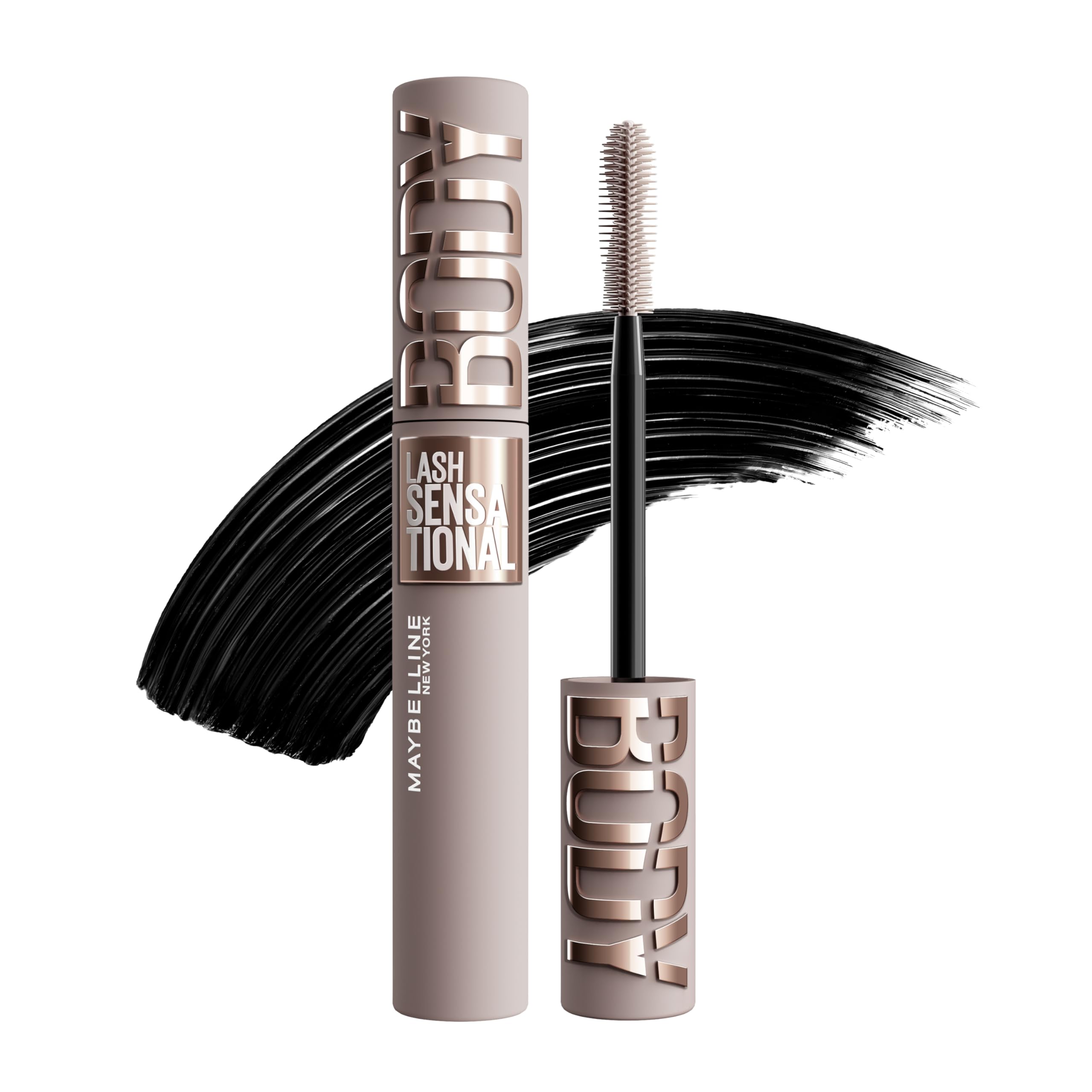 Maybelline New York Lash Sensational Body Mascara, Wimperntusche, Volumenmascara für 24H Wimpern-Lifting und 12x Volumen, mit Sanduhr-Kurven Bürste und Tonerde ohne Verklumpen, Schwarz, 9,5 ml