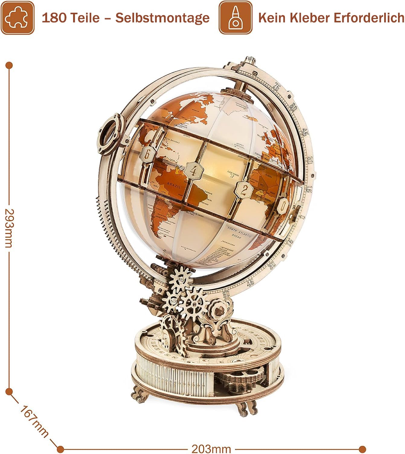 ROKR 3D Puzzle Holz Erwachsene, Holzpuzzle Modell Leuchtglobus Modellbau Bastelset Erwachsene mit LED Licht Weltkugel Bausatz Drehbar Luminous Globe Holzbausatz als Deko, Geschenk (180 Teilen)