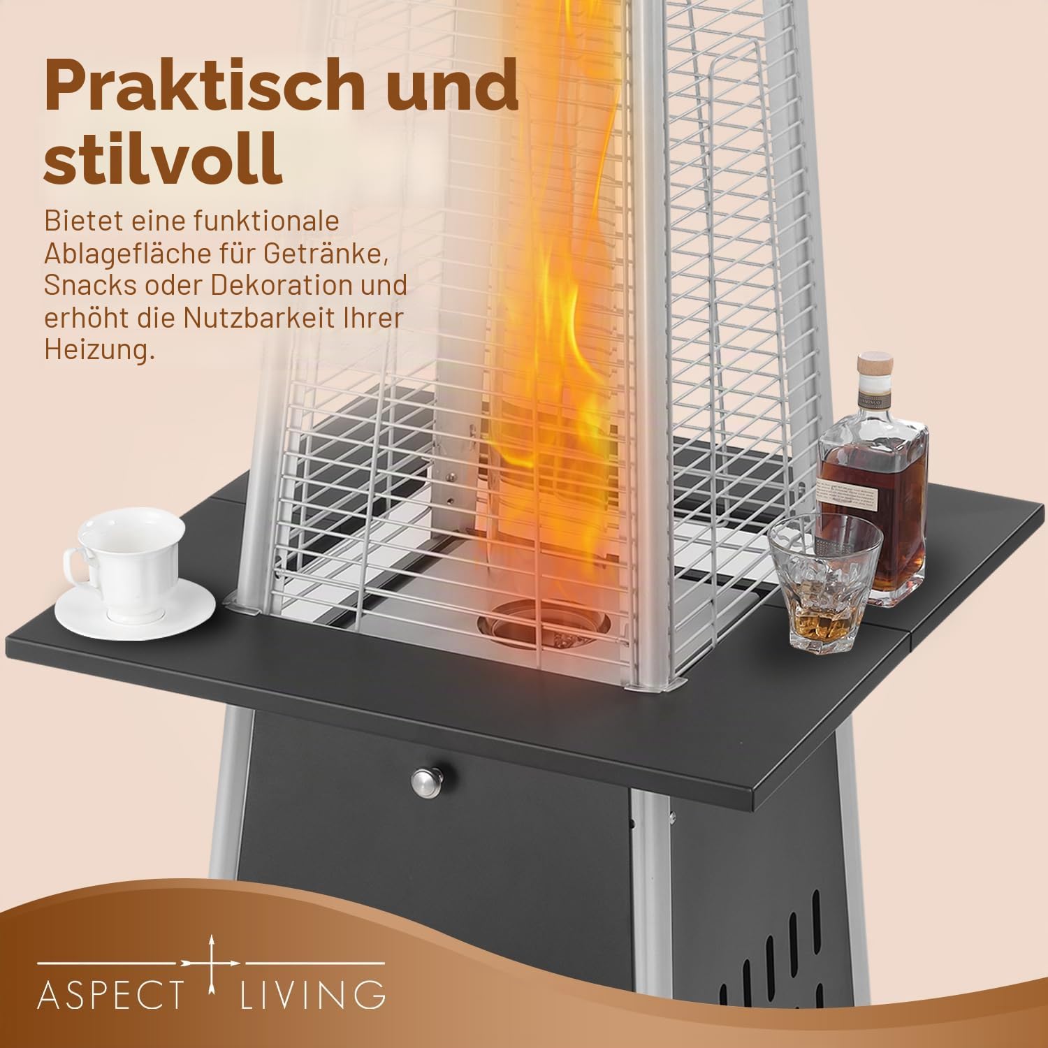 Pyramid Flame Terrassenheizer-Zubehörtisch, Stahlkonstruktion, für mehr Funktionalität, stabiler Platz für Getränke - Schwarz