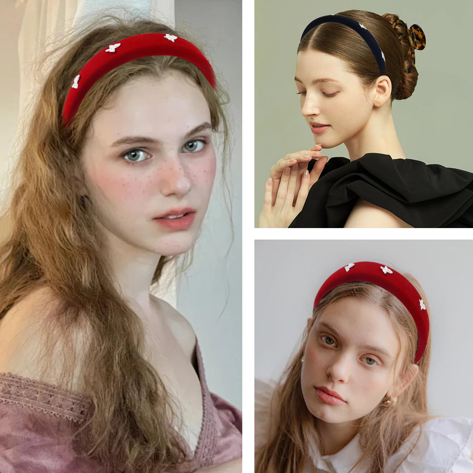 Diadema de terciopelo negro para mujeres y niñas, con diamantes de imitación y mariposa, paquete de diademas anchas antideslizantes y gruesas, para adultos, diademas suaves para cabello largo, corto,