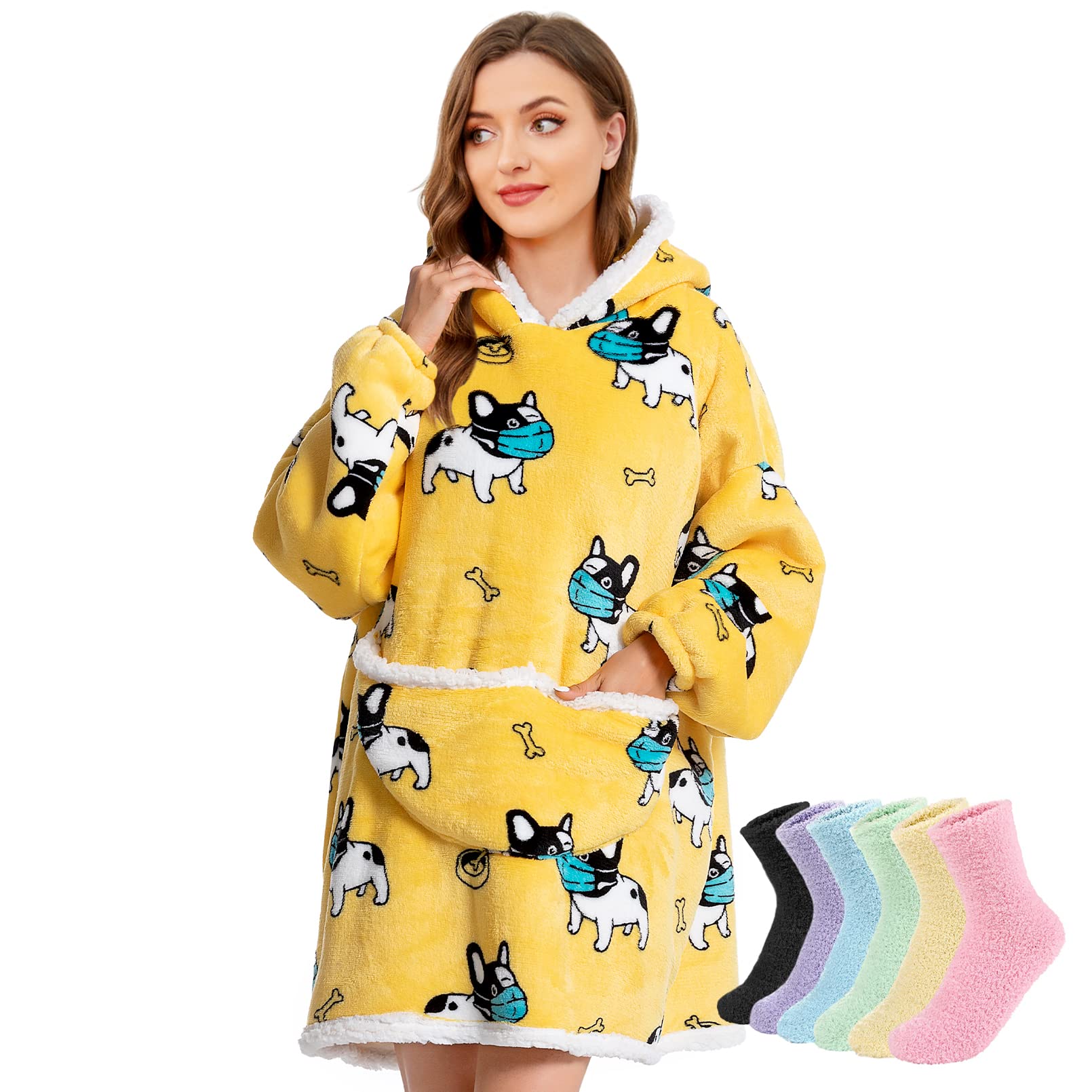 RainFlowwer Blanket Hoodie Oversized Wearable Sweatshirt for Women Men, Warm Sherpa FLeece Giant Hooded Pullover with Pocket