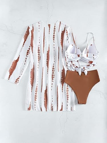 Miniatura 2 de Cozyease Traje de baño de 3 piezas con estampado tropical de cintura alta para mujer traje de baño con kimono