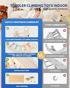 Saryocy Pikler Triangle Set for Kids, 8 in 1 Colorful Montessori Large Climbing Toys for Toddlers 1-6 Inside with Ramp, Arch and Foldable Triangle, Wooden Child Indoor Playground