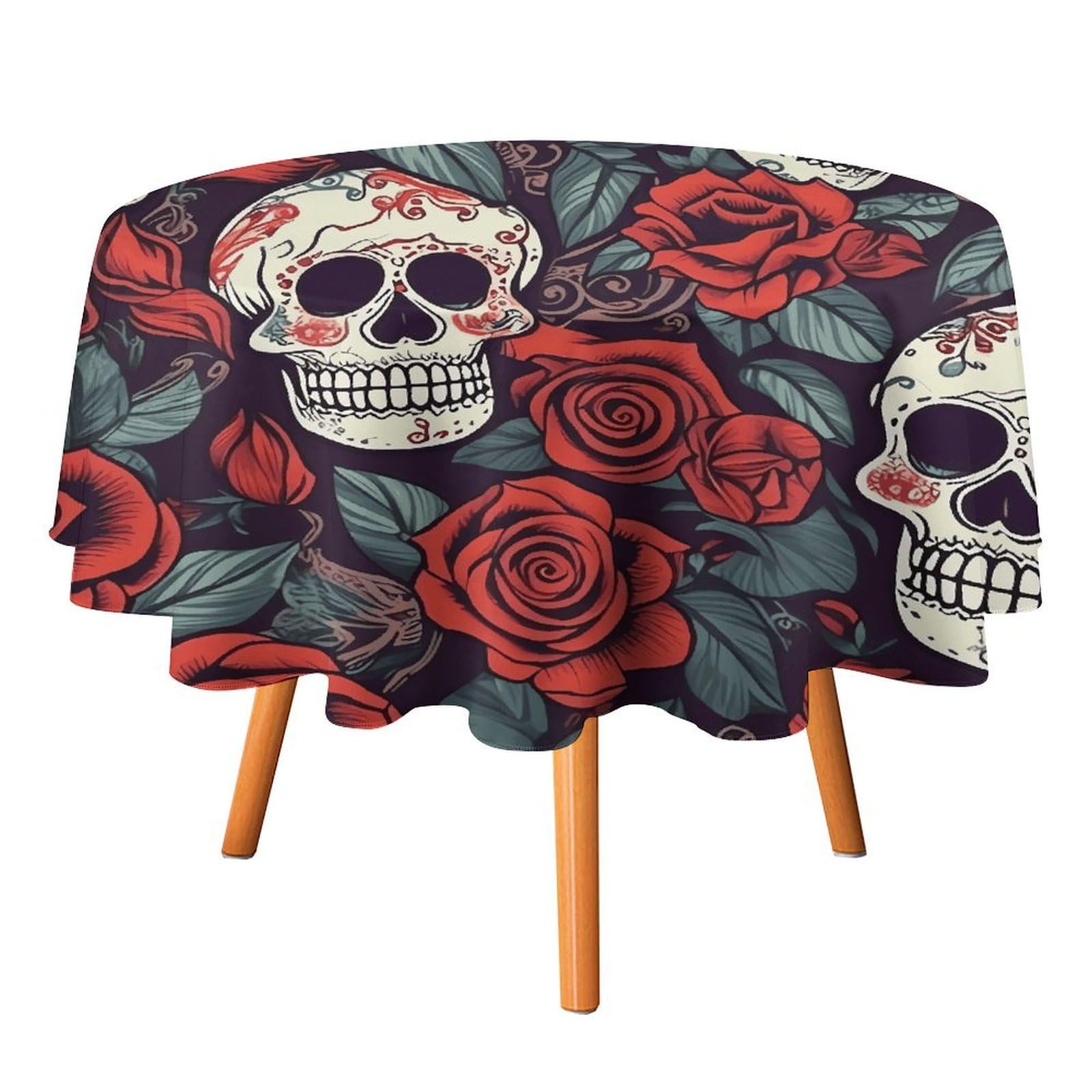 SMAZDFXX Sugar Skulls and Red Roses Tablecloth 50x50in Round Table Cloth Durable Polyester, Washable Stain Resistant Table Cover for Indoor Outdoor (Picnic, Dining, Party)