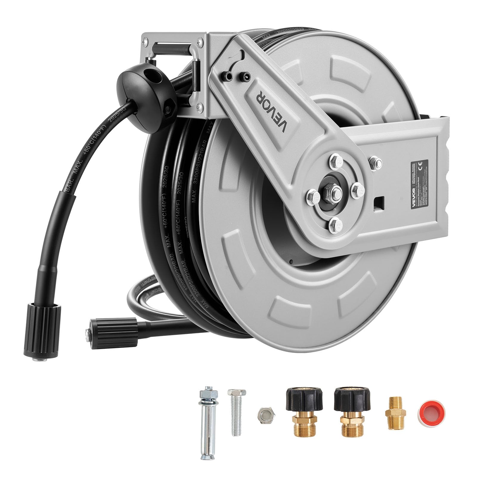 VEVOR Enrouleur de Tuyau pour Nettoyeur Haute Pression 19,8 m x 6,4 mm, Dévidoir Rétractable Acier, Montage sur Mur, Sol, Pression 220,6 bar, Enroulement Automatique pour Lavage Voiture, Sol, Jardin