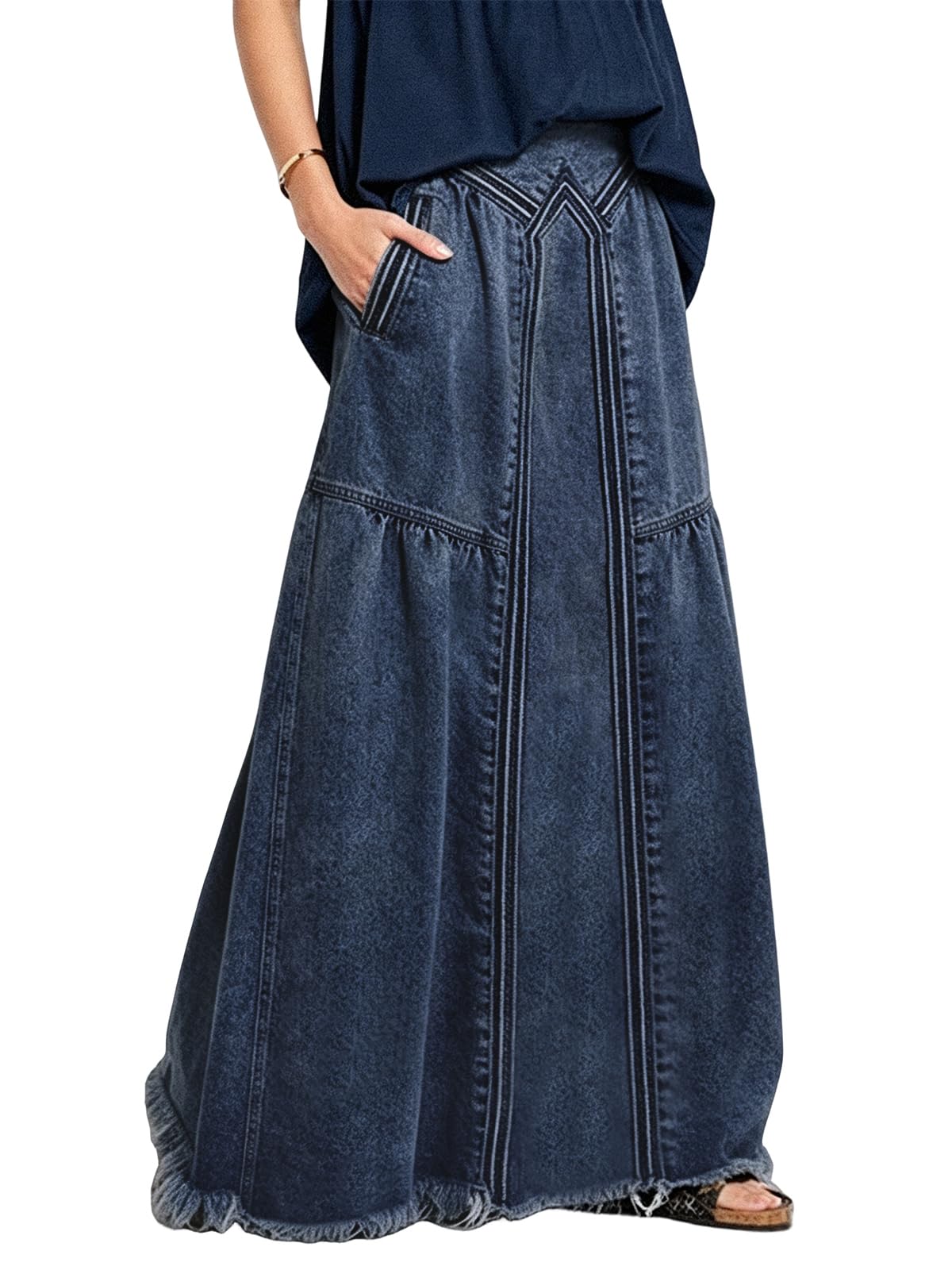 ebossy Damen Casual Elastische Taille Ausgefranster Saum A-Linie Distressed Hippie Lang Maxi Denim Rock