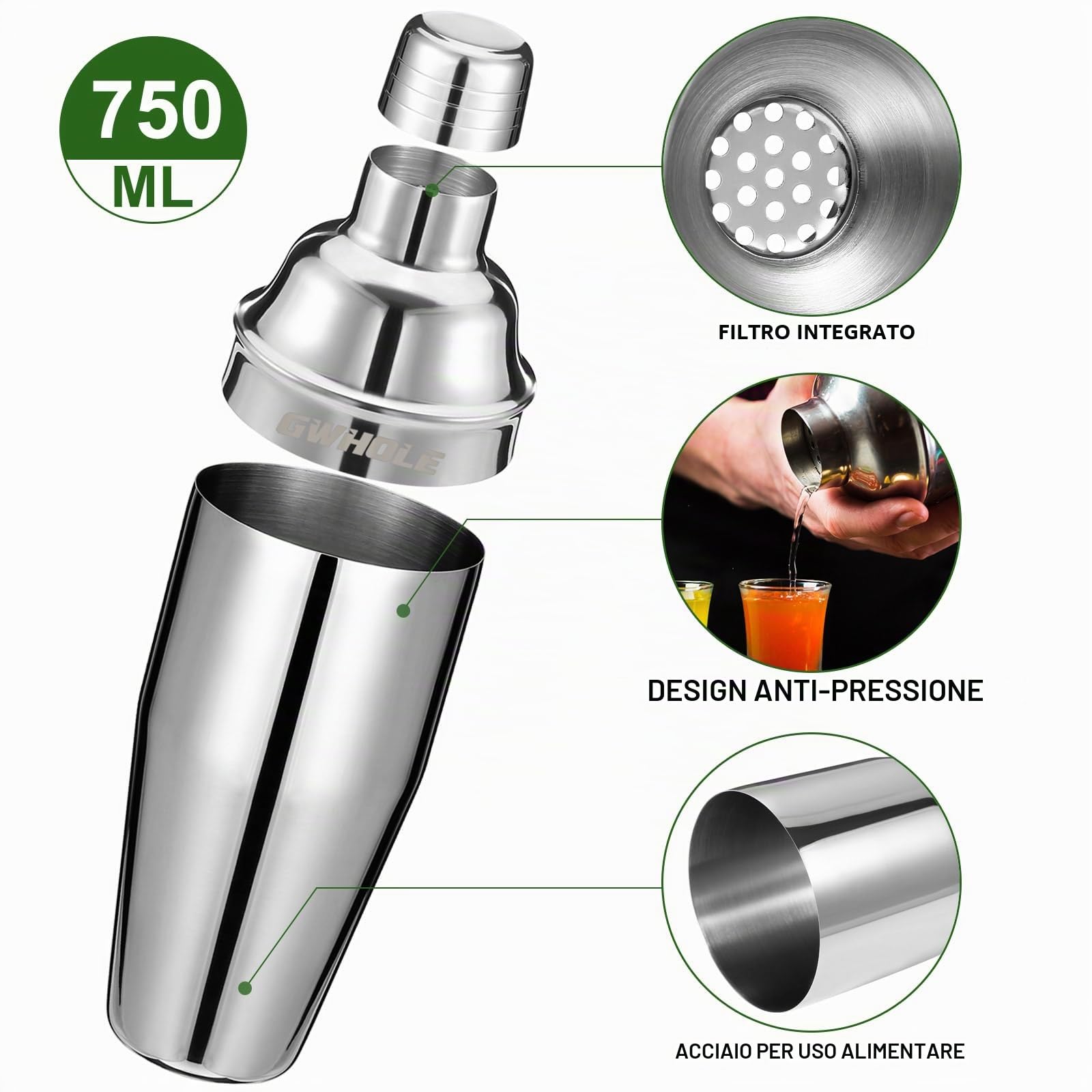 GWHOLE 3 pezzi Cocktail Shaker Set 750 ml con Filtro Integrato + Misurino Jigger (1/2 e 1 OZ)