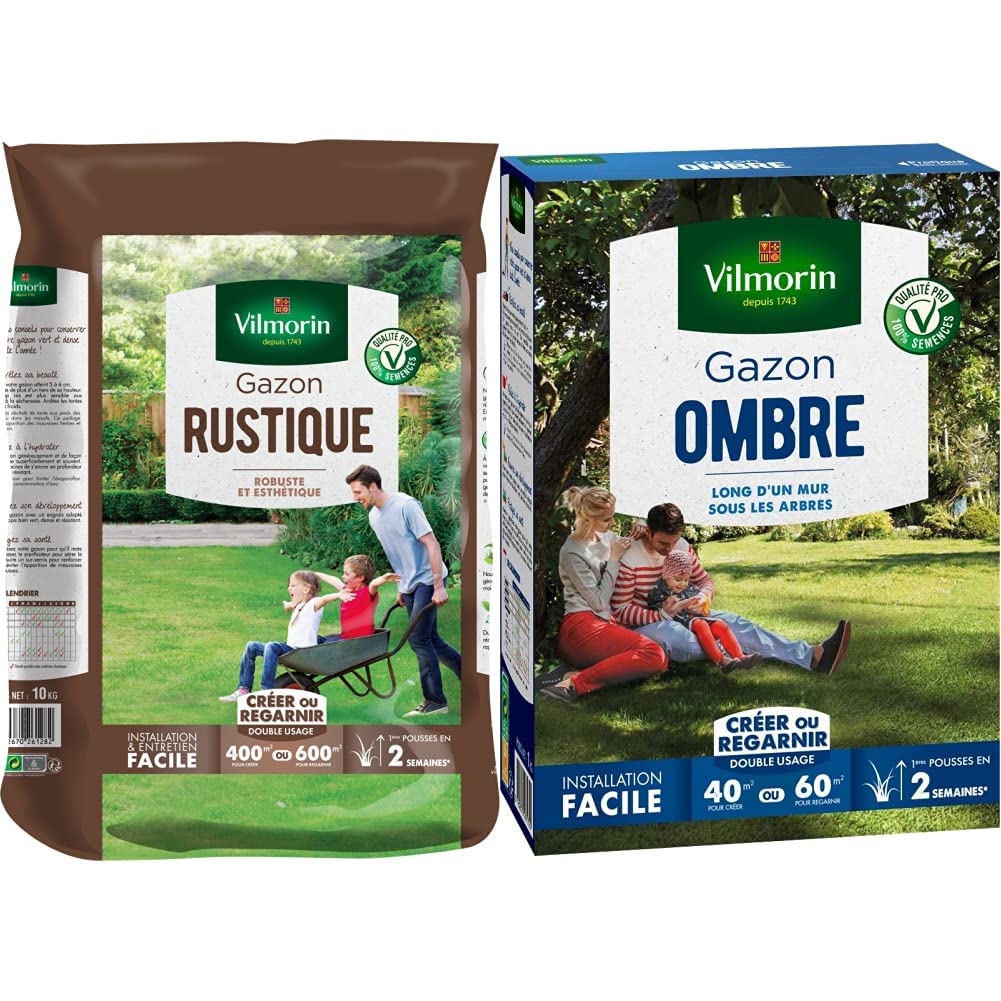 Vilmorin 4460417 Gazon Rustique, Vert, 10 kg & 4466514 Gazon Ombre, Vert, 1 kg