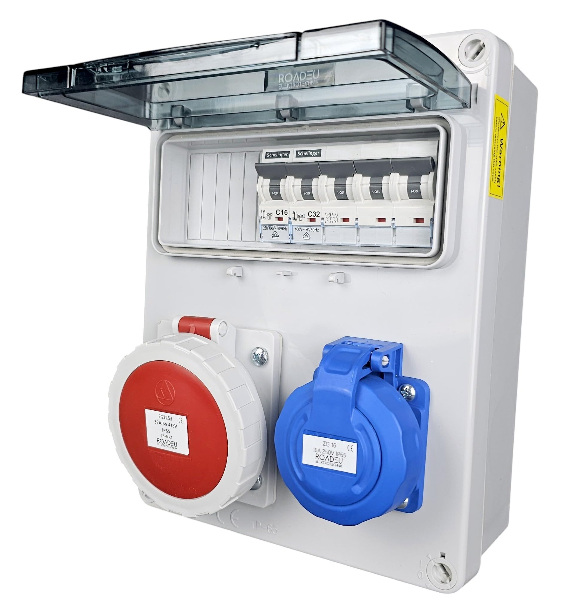 RoadEu Coffret de distribution IP65 CEE 32A 5P 400V & prise 230V 2P+T, coffret mural avec disjoncteurs C32A 4P + C16A 2P, prises à couvercle vissé