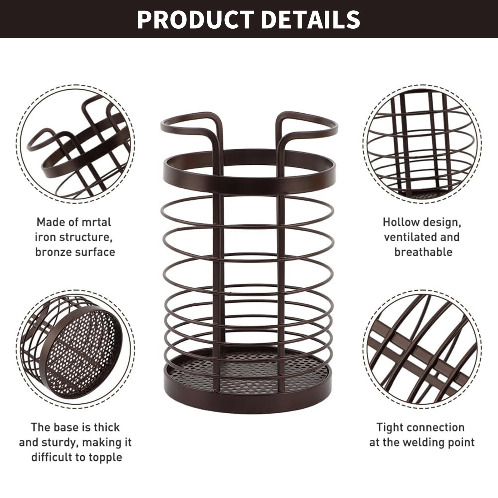 Porte-Ustensiles De Cuisine Avec Trou De Drainage - Support Métal Noir Marron Grande Capacité - Rangement Égouttoir Pour Cuillères, Spatules