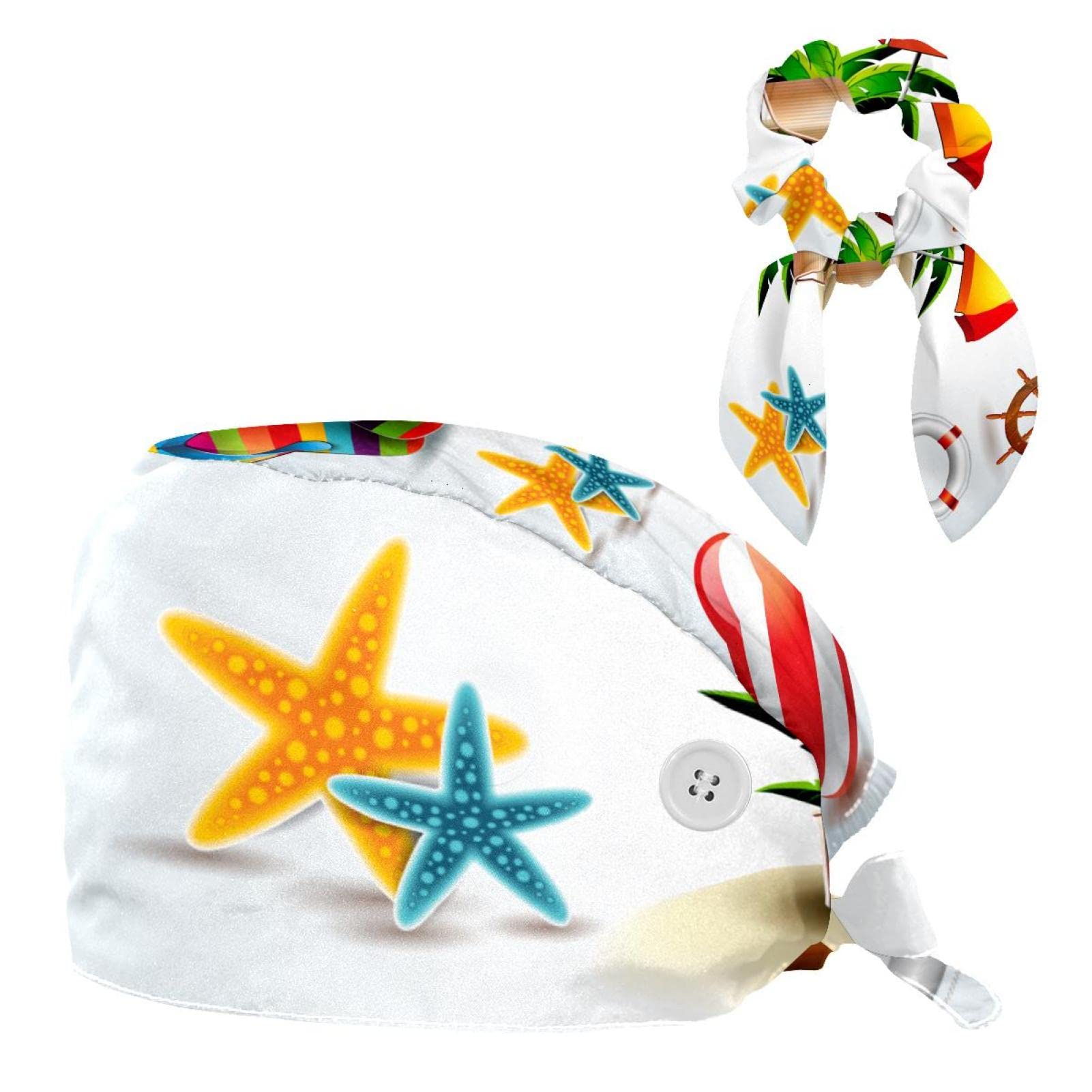 VIOQXIScrub Caps & Bunny Ear Hair Rings Set for Women Long Hair, Vintage Fruits Unisex Bouffant Hats with Buttons