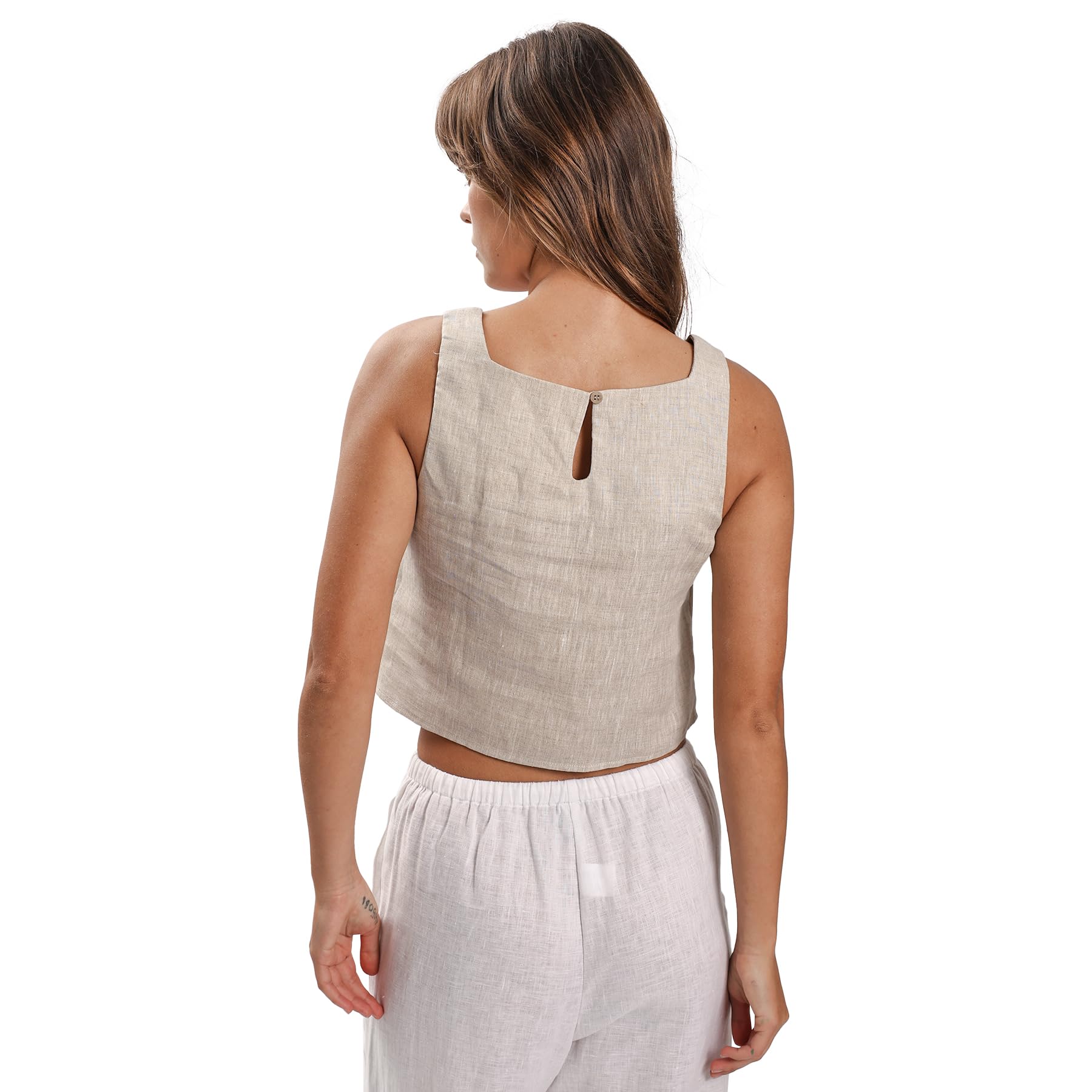 Amazhiyu Top da donna, estivo, 100% lino, casual, senza maniche, scollo quadrato, camicetta in puro lino per UK S-XL