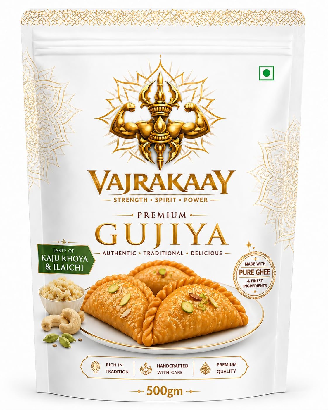 Vajrakaay Kaju Khoya & Ilaichi Gujiya Traditional Indian Sweet Filled Pastry Made with Pure Ghee Sweet Festive Mithai Handcrafted Indian Dessert (500gm)-image-16