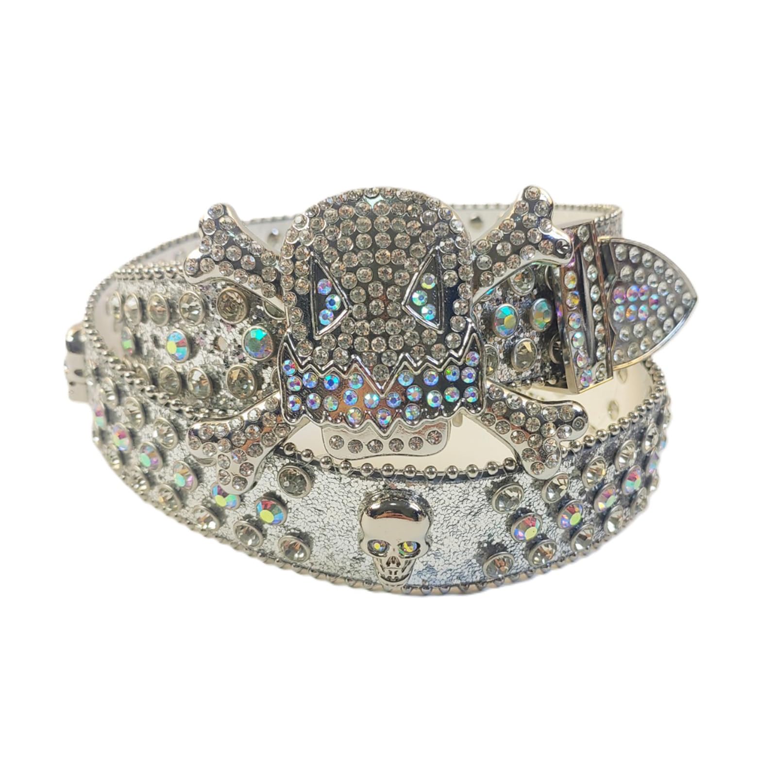 AGUTALITHIC Rhinestone Sparkly Sequin Belt Men Women Skull Head & Cross Bone Rhinestone Western Buckle Studded Punk Y2k Strap(135cm/53, Silver)