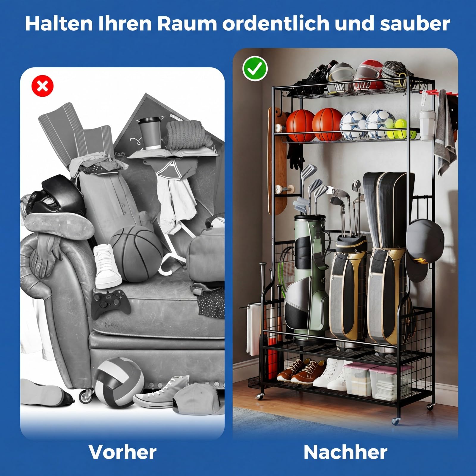 COSTWAY Golf Organizer, Golfschläger-Organizer mit abnehmbaren Rollen, Golf Aufbewahrung mit 4 Haken, 2 Körben & seitlichem Regal für 3 Golftaschen, Golftaschenregal aus Metall für Keller, Club