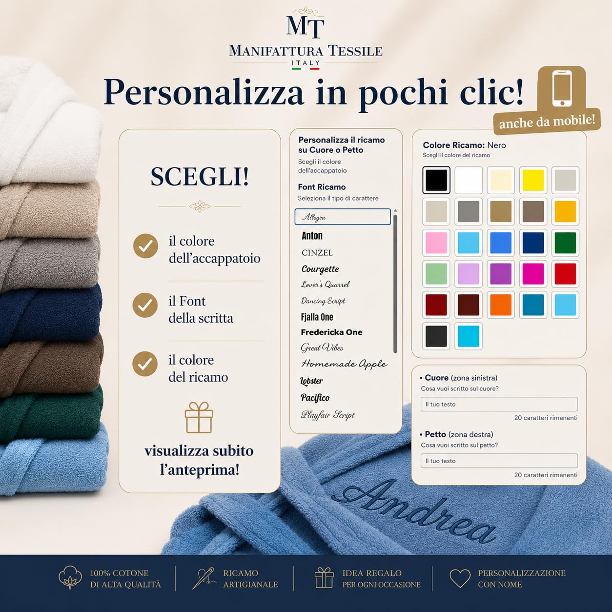 Accappatoio Personalizzato con Ricamo per Uomo e Donna, 100% Cotone, Con Cappuccio, Alta Qualità