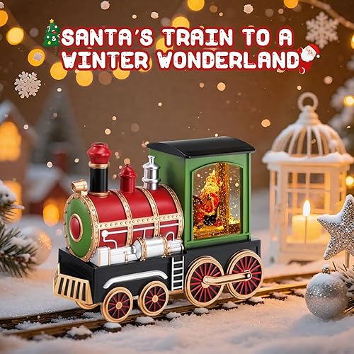 Miniatura 7 de Globo de nieve de tren musical de Navidad con escena de Papá Noel, decoración navideña LED retro con 8 canciones navideñas, lentejuelas mágicas y