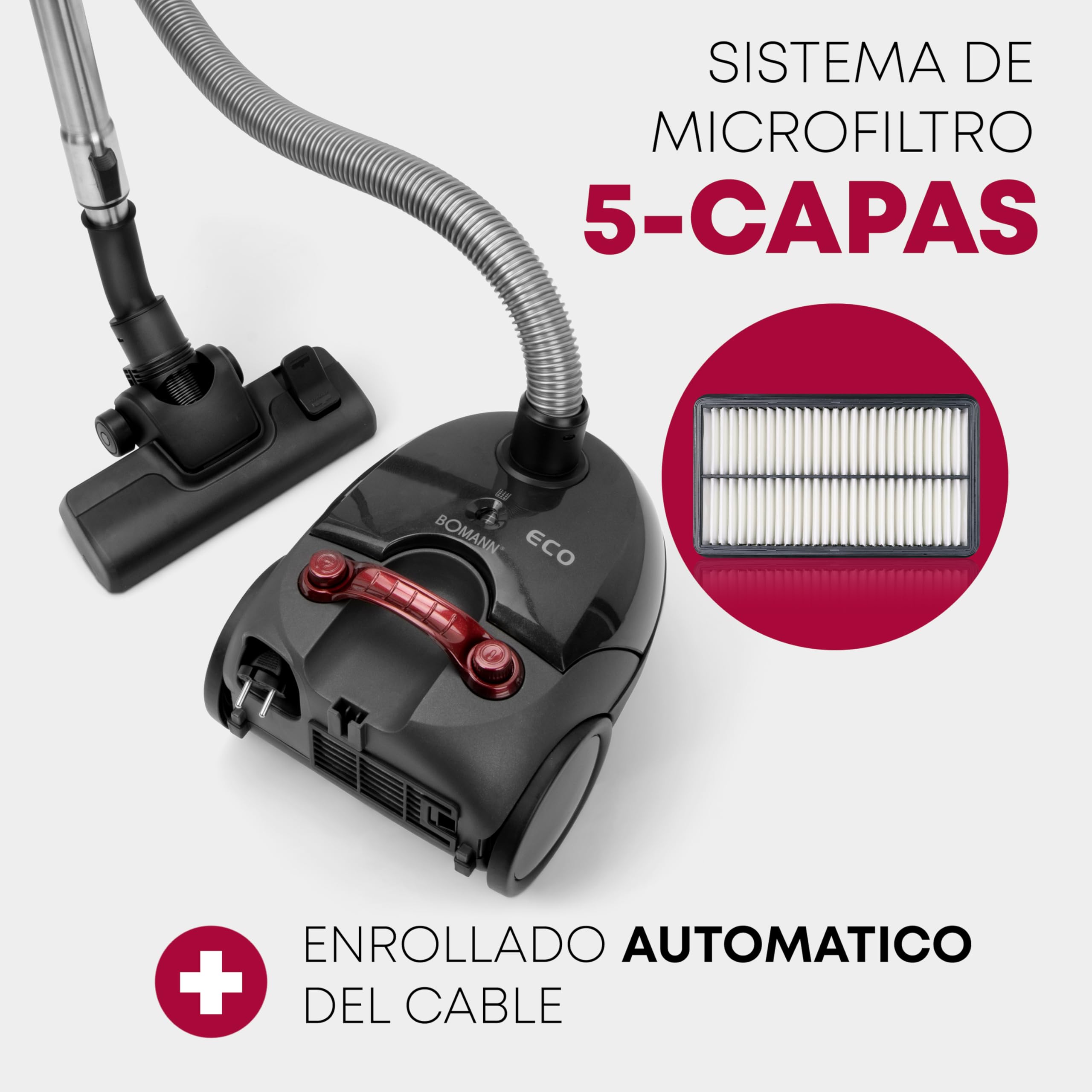 Bomann® Aspirador vertical |ahorro de energía |700 vatios | sistema de microfiltro de 5 pliegues | con bolsa | cepillo reversible para suelos y boquilla para cepillos/rejillas | BS 9019 CB N antracita