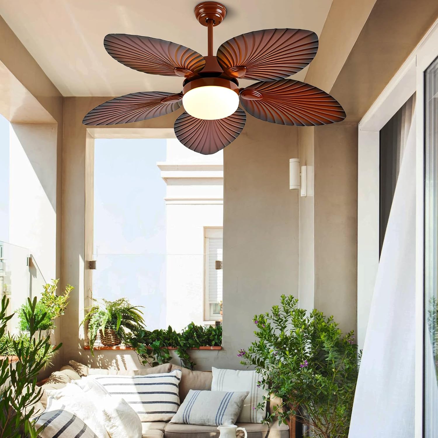 52 Inch Tropical Ceiling Fans with Lights, LED Fan Light with Remote Control, Modern Brown Ceiling Fan with 3 Speed & 3 Lighting & Smart Timing, Palm Leaf Blades for Patio Farmhouse Coastal Bedroom