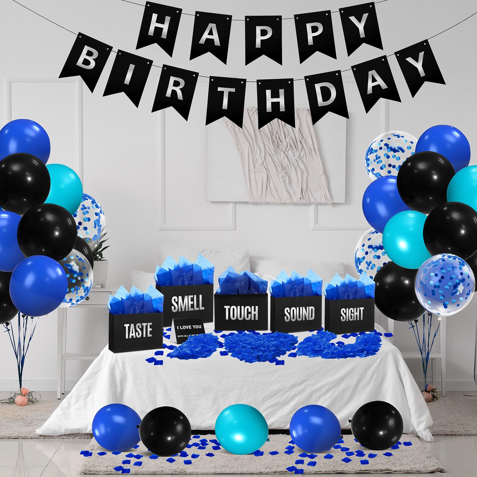 Soulchen 5 Senses Gift Bags for Him Her with Labels, Five Senses Gift Birthday Party Decoration Tissue Paper Handles, Comes with Rose Petals Banner Balloons for Party(Birthday,Blue Black)