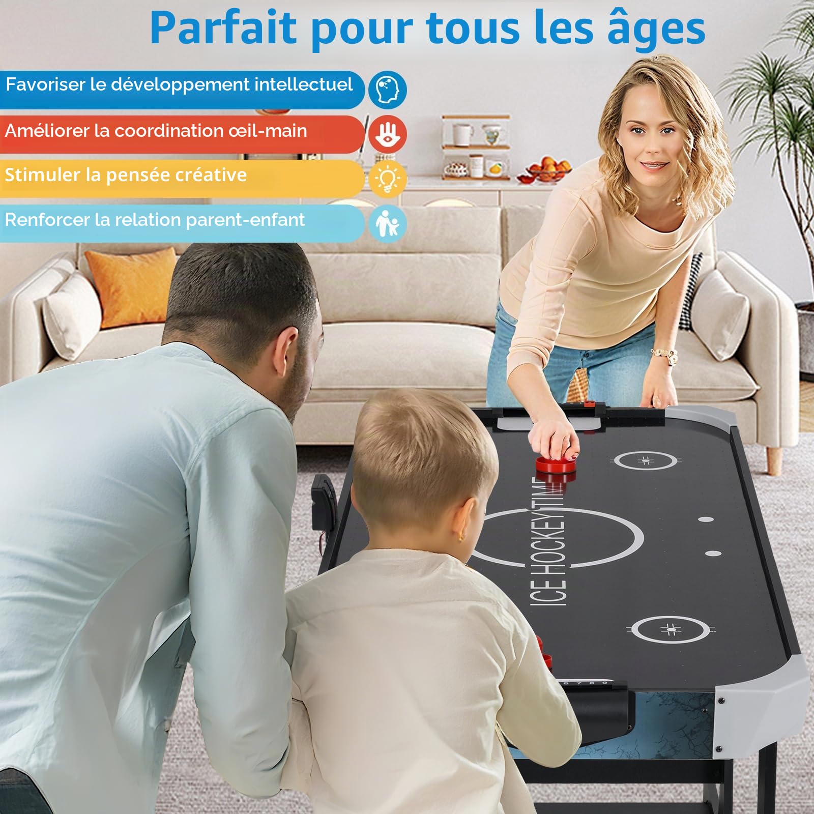 HOMASIS Table d'Air Hockey pliable, table de jeu électronique avec moteur 12 V et écran LED pour le score électronique, 2 disques et 2 raquettes pour enfants et adultes, 144 x 68 x 79 cm